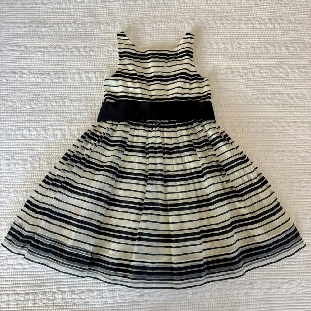 Polo Ralph Lauren Organza Black Ivory Stripe Button Up Dress Ribbon Sash Girls 6